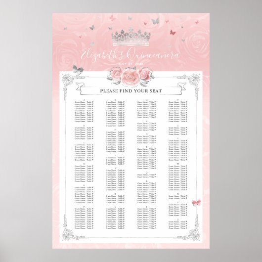 Alphabetische Silber Light Pink Rose Sitzkarten Poster (Vorne)