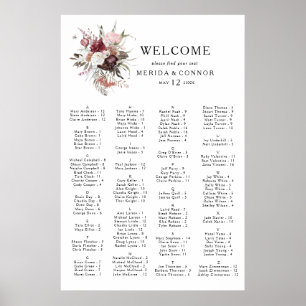 Alphabetische Sitzkarte Burgundy Boho Poster