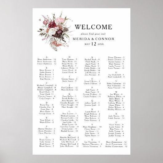 Alphabetische Sitzkarte Burgundy Boho Poster (Vorne)