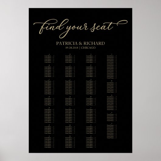 Alphabetische Sitzkarte Elegantes Gold Schwarz Poster (Vorne)