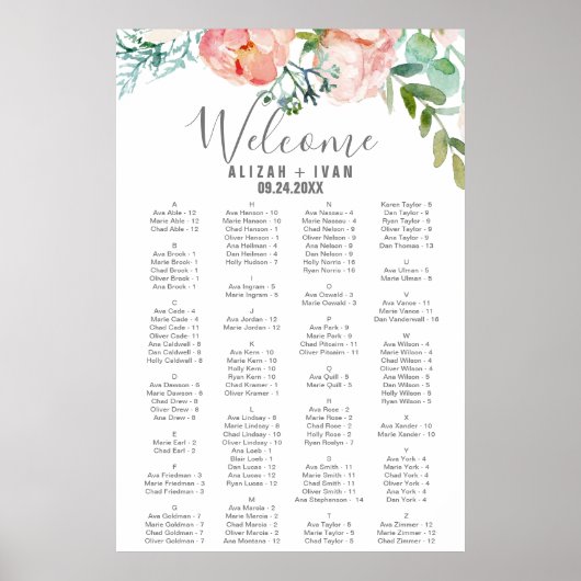 Alphabetische Sitzkarte für romantische Peonies Poster (Vorne)