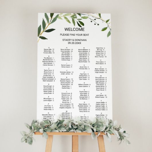 Alphabetische Sitzkarte für tropische grüne Blätte Poster