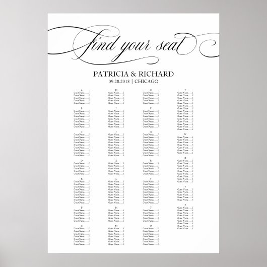 Alphabetisches Seating Chart Elegantes Schwarzes S Poster (Vorne)