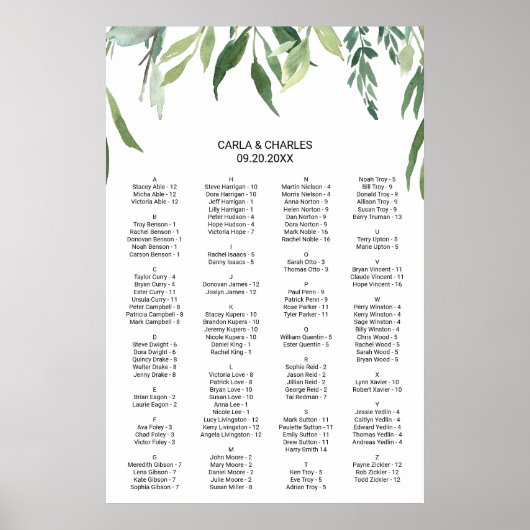 Alphabetisches Seating Chart für moderne Grünpflan Poster (Vorne)
