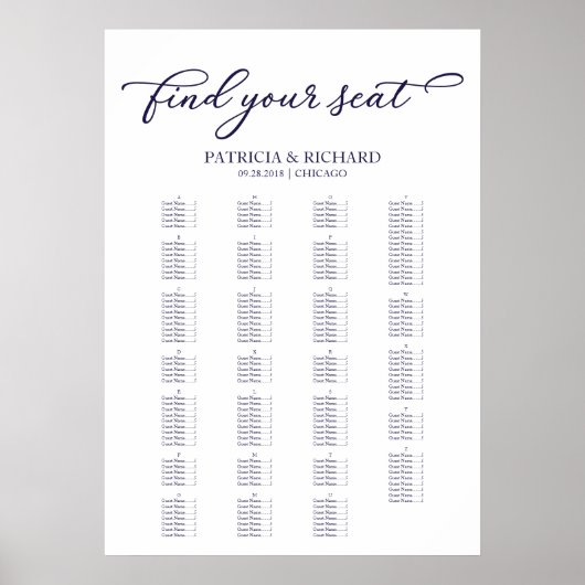 Alphabetisches Seating Chart Navy Blue Script Poster (Vorne)