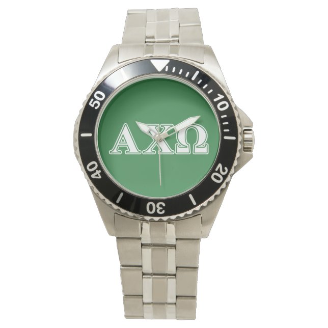 Alphi Chi Omega Weiße und Grüne Buchstaben Armbanduhr (Vorderseite)