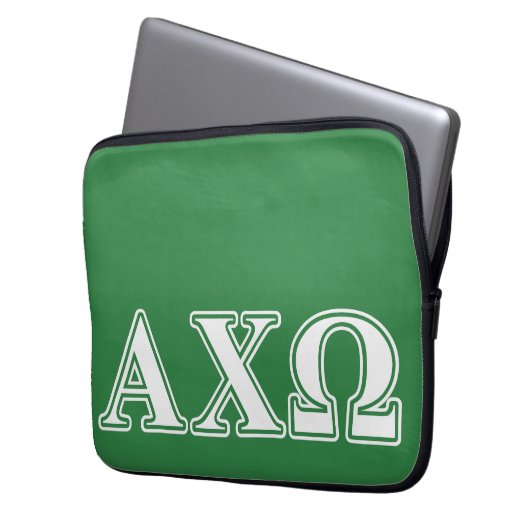 Alphi Chi Omega weiße und grüne Buchstaben Laptopschutzhülle (Vorderseite Links)
