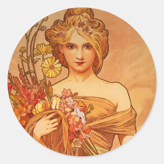 Alphonse (Alfons) Mucha Blumenstrauß Runder Aufkleber (Vorderseite)