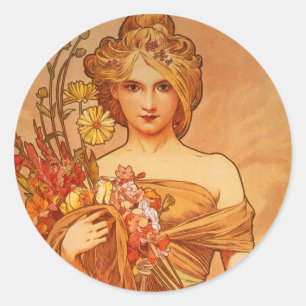 Alphonse (Alfons) Mucha Blumenstrauß Runder Aufkleber