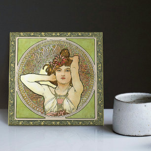 Alphonse Mucha Amethyst Grün Art Nouveau Vintage Fliese