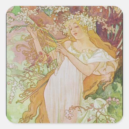 Alphonse Mucha Art Deco Quadratischer Aufkleber (Vorderseite)