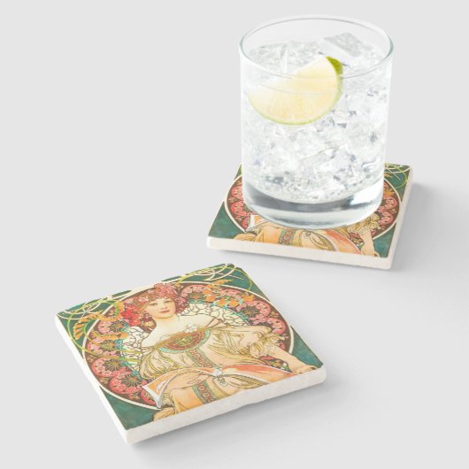 Alphonse Mucha Art Nouveau Daydream Steinuntersetzer (Seitenansicht)