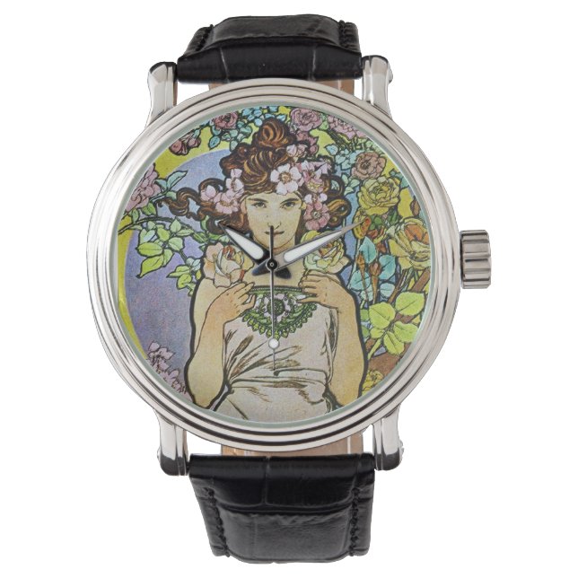 Alphonse Mucha Art Nouveau Floral girl Armbanduhr (Vorderseite)