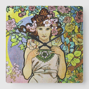 Alphonse Mucha Art Nouveau Florales Mädchen Quadratische Wanduhr