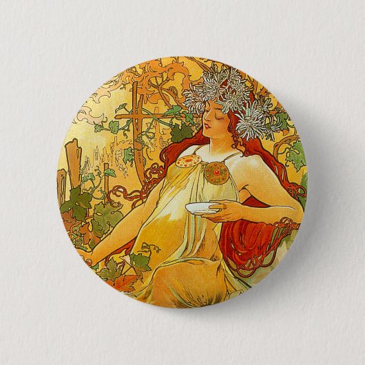 Alphonse Mucha Art Nouveau Herbst Button (Vorderseite)