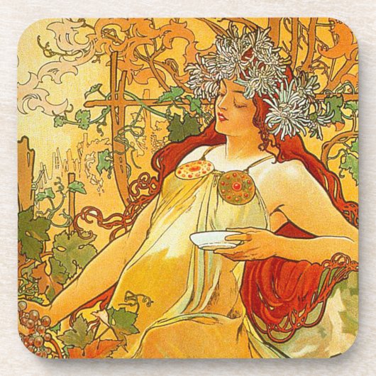 Alphonse Mucha Art Nouveau Herbst Getränkeuntersetzer (Vorderseite)