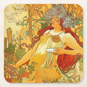 Alphonse Mucha Art Nouveau Herbst Rechteckiger Pappuntersetzer