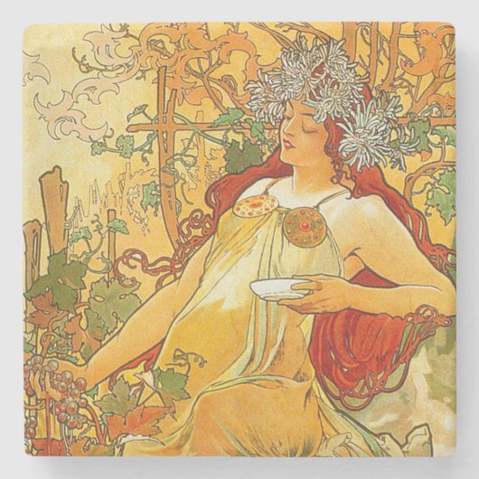 Alphonse Mucha Art Nouveau Herbst Steinuntersetzer (Vorderseite)