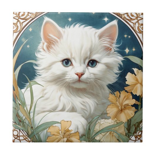 Alphonse Mucha Art Nouveau Kitten Fliese (Vorderseite)