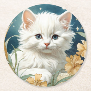 Alphonse Mucha Art Nouveau Kitten Runder Pappuntersetzer