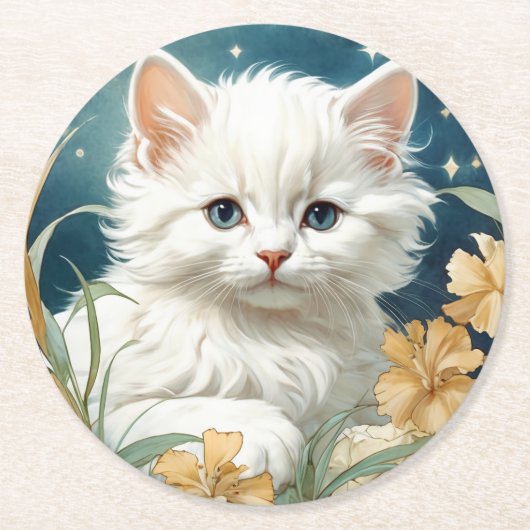 Alphonse Mucha Art Nouveau Kitten Runder Pappuntersetzer (Vorderseite)