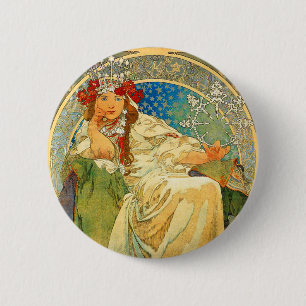 Alphonse Mucha Art Nouveau Princess Hyacinth Button