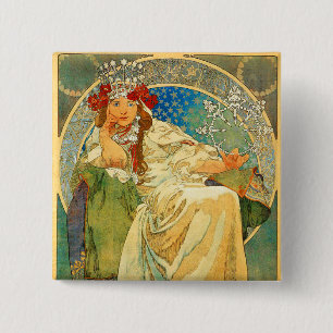 Alphonse Mucha Art Nouveau Princess Hyacinth Button