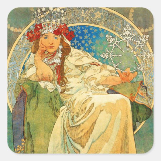 Alphonse Mucha Art Nouveau Princess Hyacinth Quadratischer Aufkleber (Vorderseite)