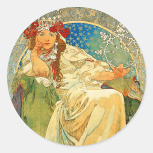 Alphonse Mucha Art Nouveau Princess Hyacinth Runder Aufkleber