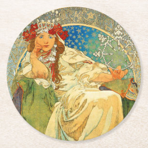 Alphonse Mucha Art Nouveau Princess Hyacinth Runder Pappuntersetzer