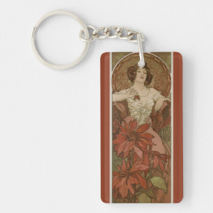 Alphonse Mucha Art Nouveau Rubin Vintage Floral Schlüsselanhänger