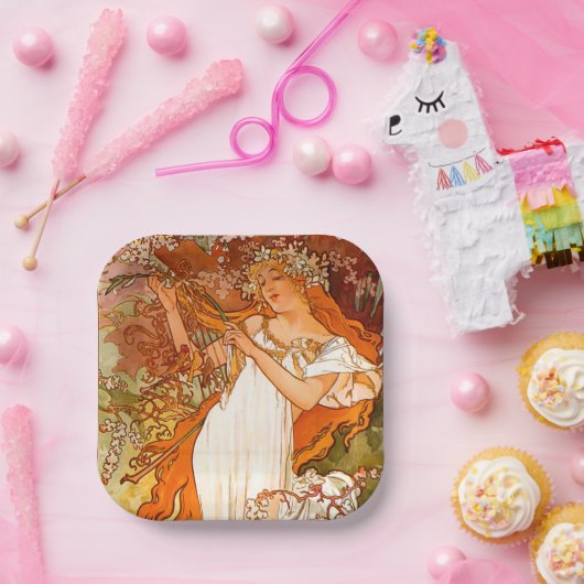 Alphonse Mucha Art Nouveau Spring Pappteller (Party)