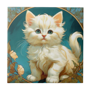 Alphonse Mucha Art Nouveau White Cat Fliese