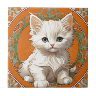 Alphonse Mucha Art Nouveau White Kitten Fliese