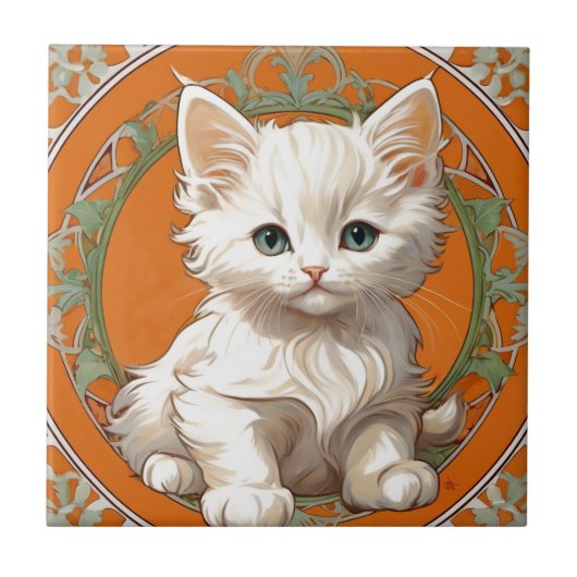 Alphonse Mucha Art Nouveau White Kitten Fliese (Vorderseite)