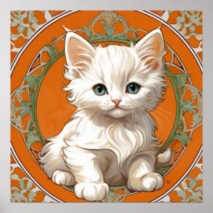 Alphonse Mucha Art Nouveau White Kitten Poster