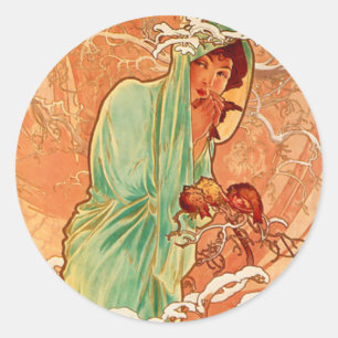 Alphonse Mucha Art Nouveau Winter Runder Aufkleber