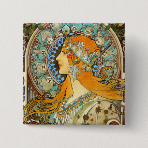 Alphonse Mucha Art Nouveau Zodiac Button