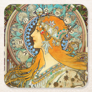 Alphonse Mucha Art Nouveau Zodiac Rechteckiger Pappuntersetzer