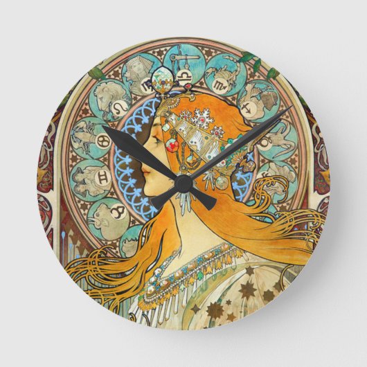 Alphonse Mucha Art Nouveau Zodiac Runde Wanduhr (Vorderseite)