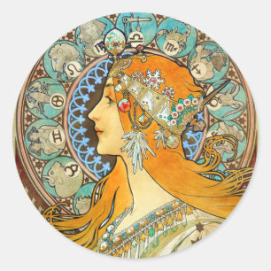 Alphonse Mucha Art Nouveau Zodiac Runder Aufkleber