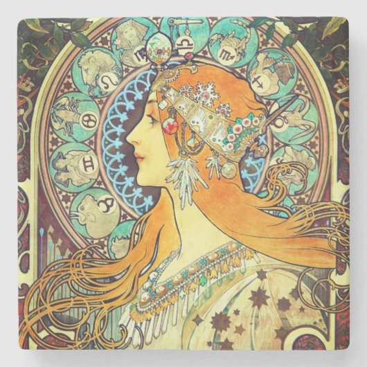 Alphonse Mucha Art Nouveau Zodiac Steinuntersetzer (Vorderseite)