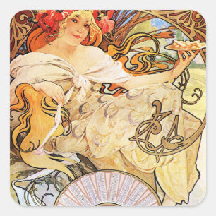 Alphonse Mucha Biscuits Lefevre-Utile Quadratischer Aufkleber