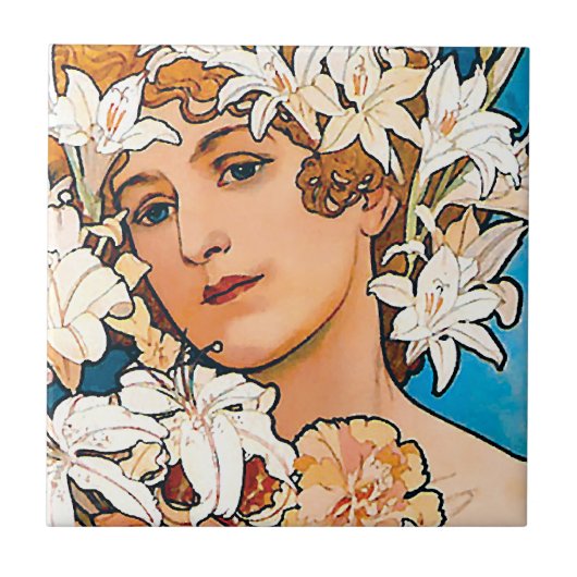 Alphonse Mucha - Blume - Retro Art Nouveau Fliese (Vorderseite)
