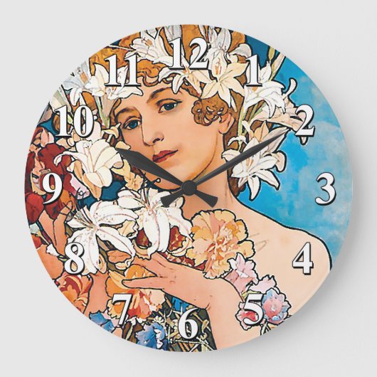 Alphonse Mucha - Blume - Retro Art Nouveau Große Wanduhr (Vorderseite)