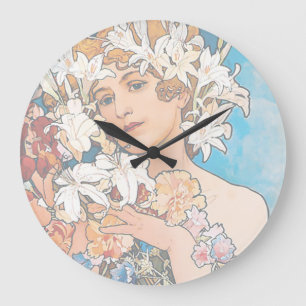 Alphonse Mucha - Blume - Retro Art Nouveau Große Wanduhr