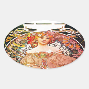 Alphonse Mucha Daydream Florale Vintage Art Nouvea Ovaler Aufkleber