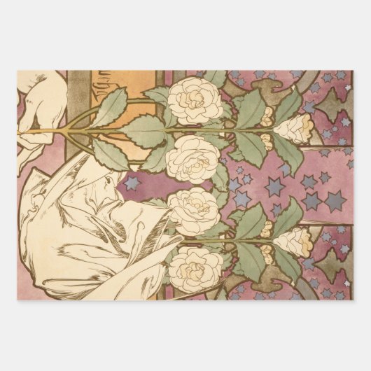 Alphonse Mucha Elegant Art Nouveau Stars Camellia  Geschenkpapier Set (Vorderseite 3)