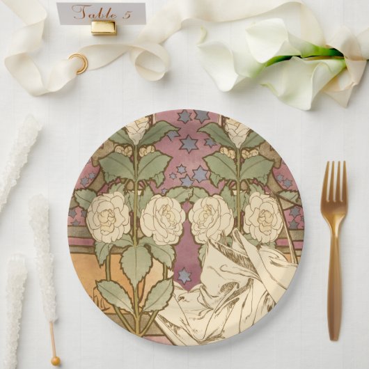 Alphonse Mucha Elegant Art Nouveau Stars Camellia Pappteller (Hochzeit)