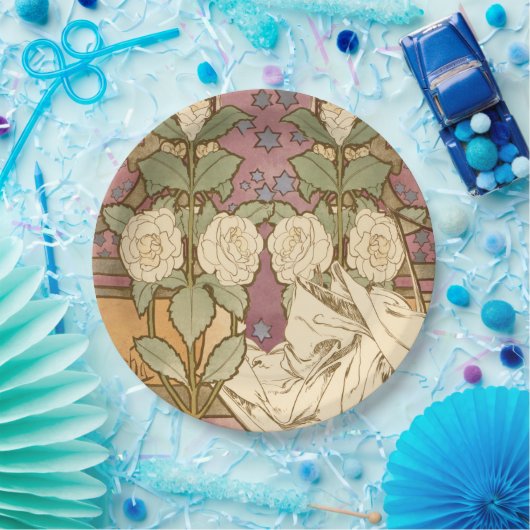 Alphonse Mucha Elegant Art Nouveau Stars Camellia Pappteller (Party)